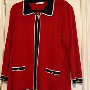 Misook Red Knit Top with Navy and White Accents
